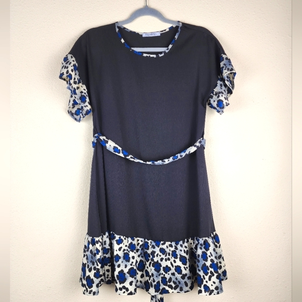 Lizabell Mini Dress Black With Blue Leopard Print Size Small
